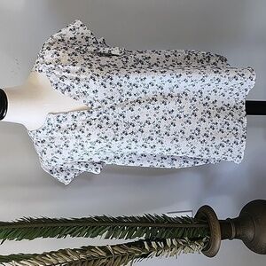 Adrianna Papell White Blouse with Blue Floral Print and Flutter Sleeves